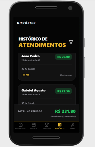 Histórico mobile de atendimentos do SalãoMais